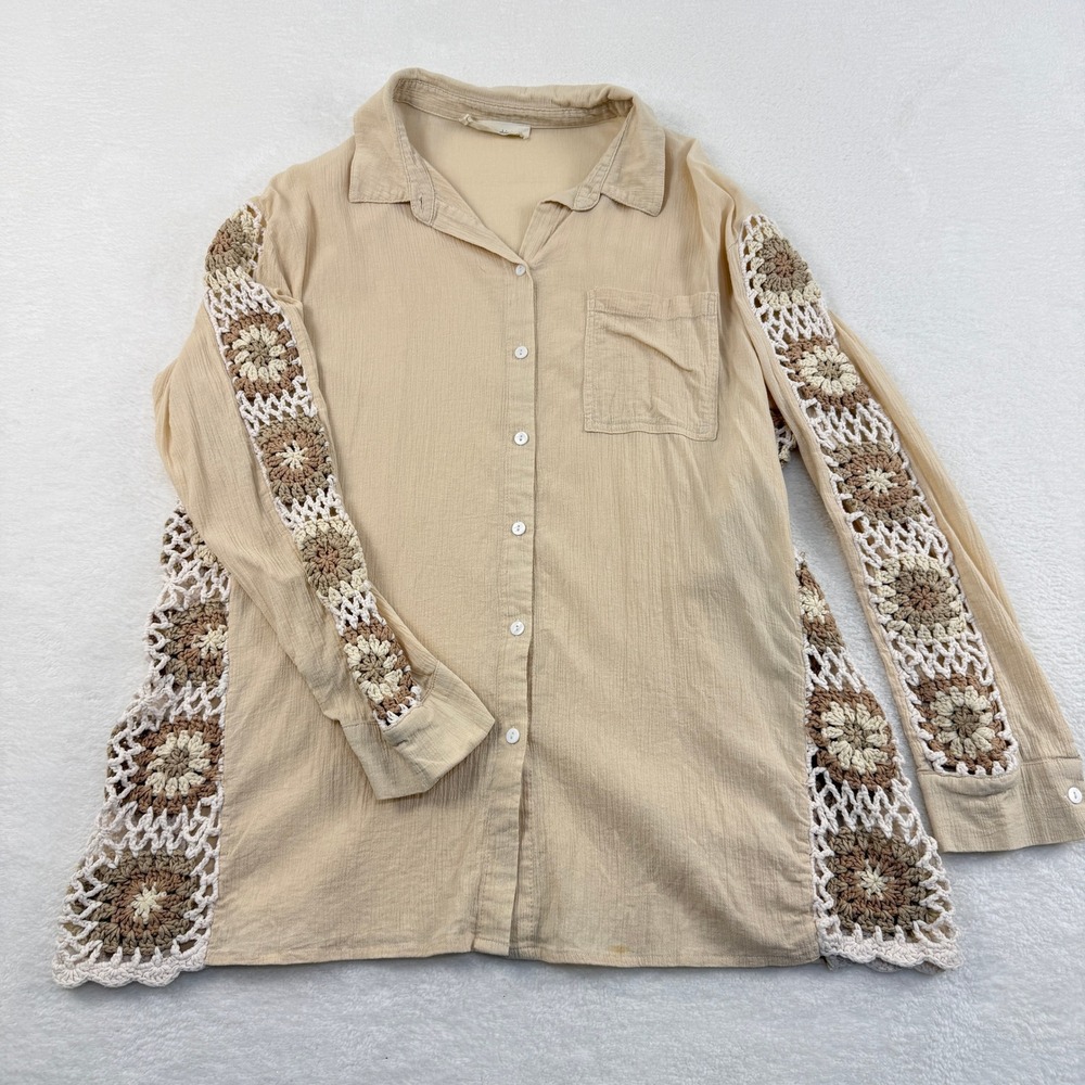 Ocean Drive Crochet Button Up Shirt Womens Medium Tan Oversized Boho Coastal